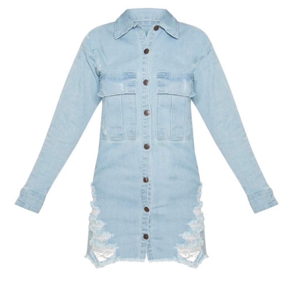 Light Wash Super Distress Denim Shirt Dress